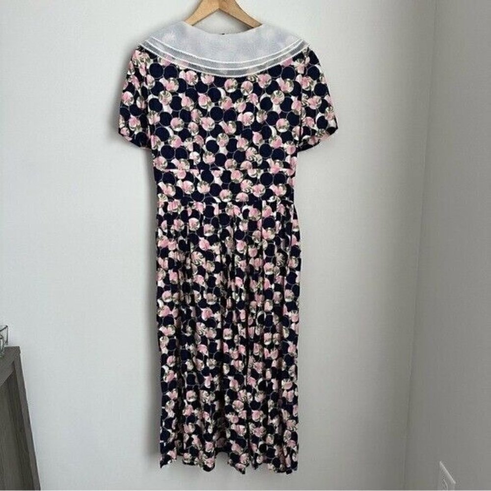 Vintage 70s/80s Navy Blue Floral Lace Cottage Core Maxi Dress Sz Medium - Picture 2 of 10